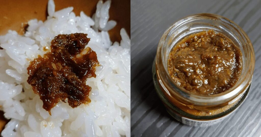 白いご飯にのせたふきのとう味噌と、開封した瓶の中の茶褐色の味噌