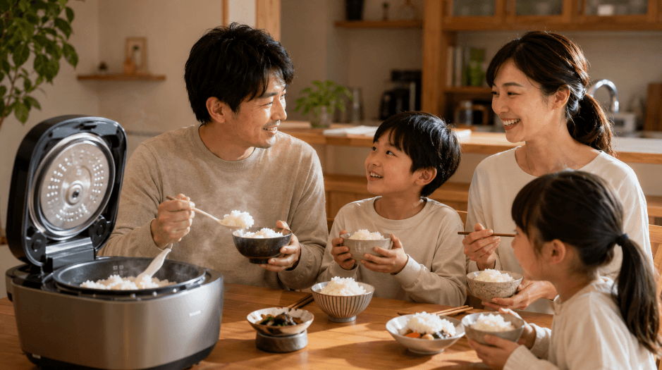 レンタルした高級炊飯器の炊きたてご飯を家族で試食する様子
