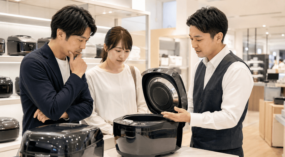 家電量販店でふっくら御膳の使いやすさや保証内容を確認する夫婦