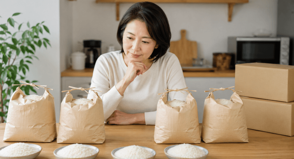 ふるさと納税でもらえる複数の米を容量や品種で比較する日本人女性
