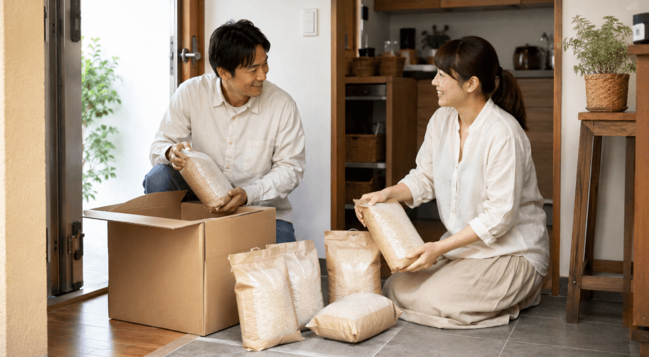 ふるさと納税の定期便で届いた小分けの米袋を整理する日本人夫婦