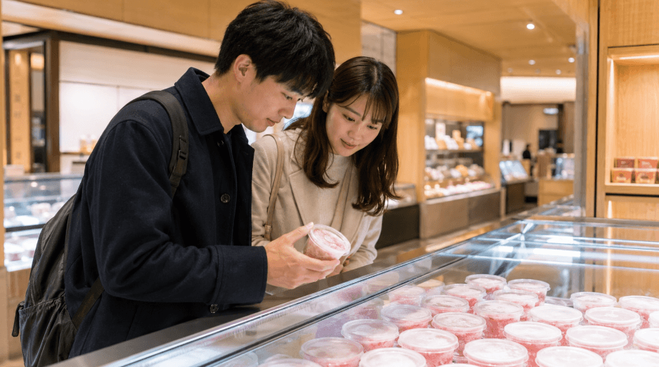 北海道の土産店にある冷凍ケースで牛とろフレークを選ぶ日本人男女