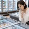スーパーの冷凍食品売り場で牛とろフレークを探す日本人女性