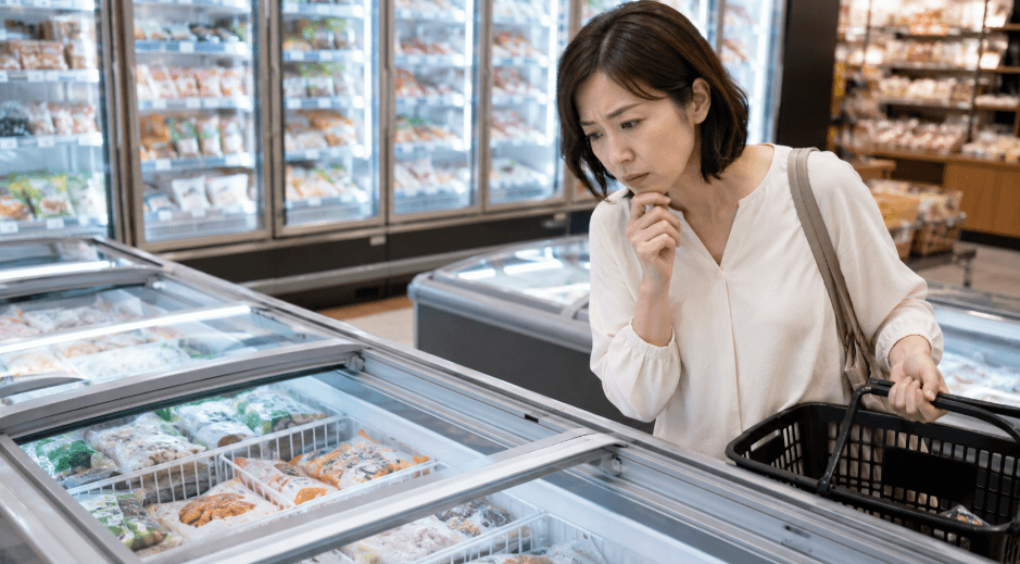 スーパーの冷凍食品売り場で牛とろフレークを探す日本人女性