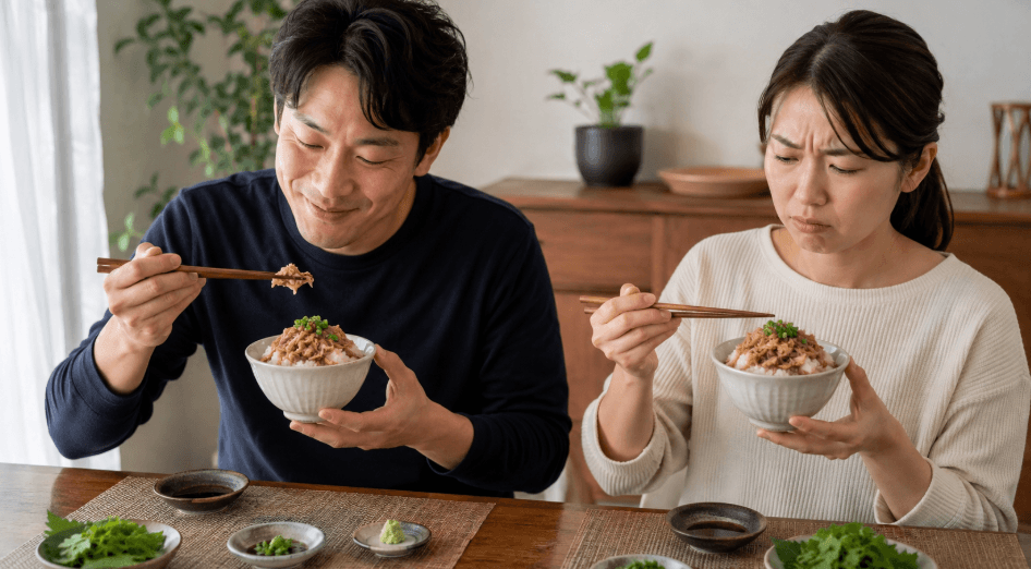 牛とろフレーク丼を食べて美味しいと感じる男性と脂っこさに戸惑う女性