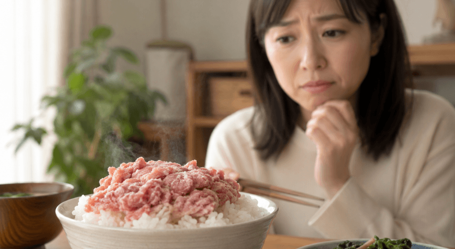牛とろフレーク丼を前に脂っこさや味を不安そうに確認する日本人女性