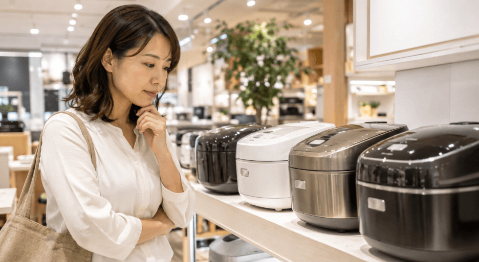 家電売り場で日立ふっくら御膳などの高級炊飯器を比較する女性