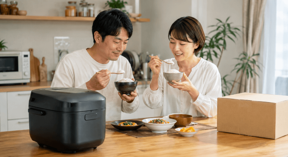 レンタルした高級炊飯器のご飯を自宅で試食する日本人夫婦