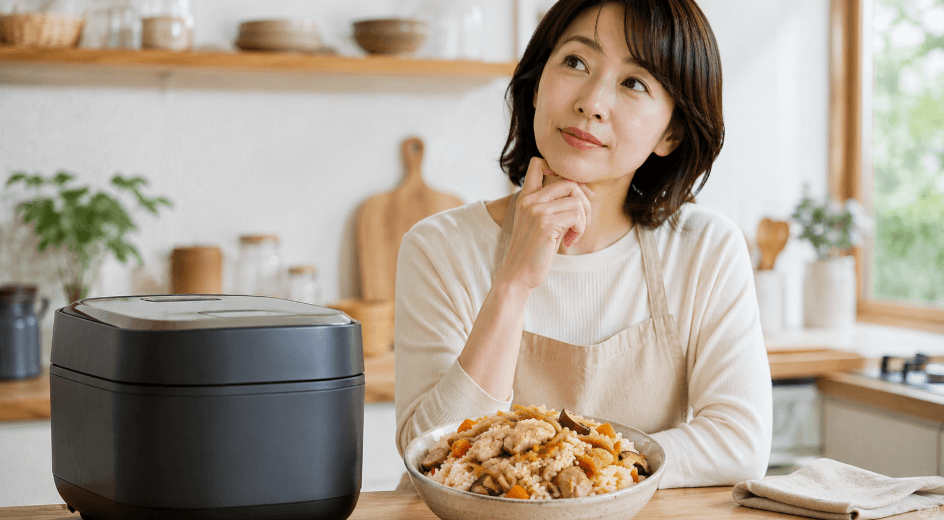 炊飯器の炊き込みモードの使い方に迷う女性と炊き込みご飯