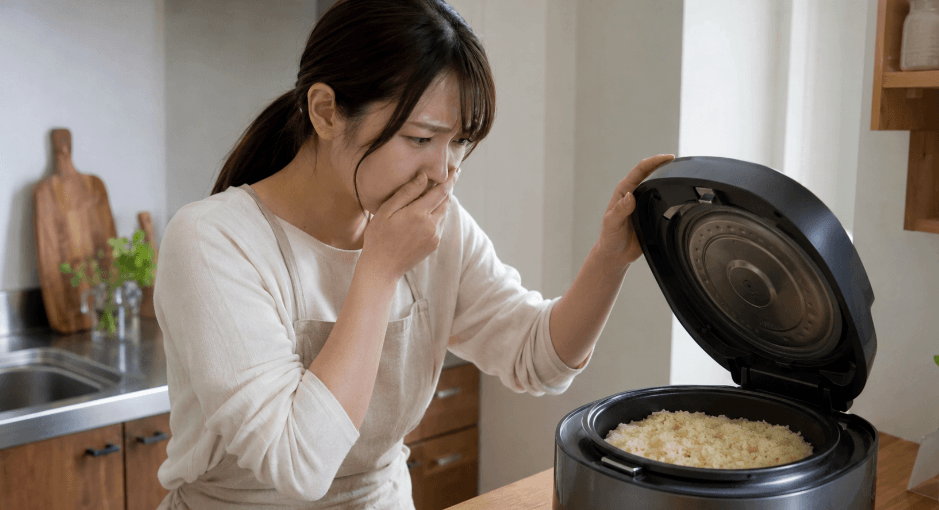 炊飯器を開けたときに黄色っぽいご飯や糠臭さが気になり、表情を曇らせる日本人女性