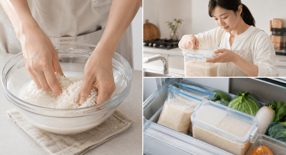 さんさんまる米をおいしく炊くために、やさしく洗米し密閉容器や保存袋で冷蔵保存する様子
