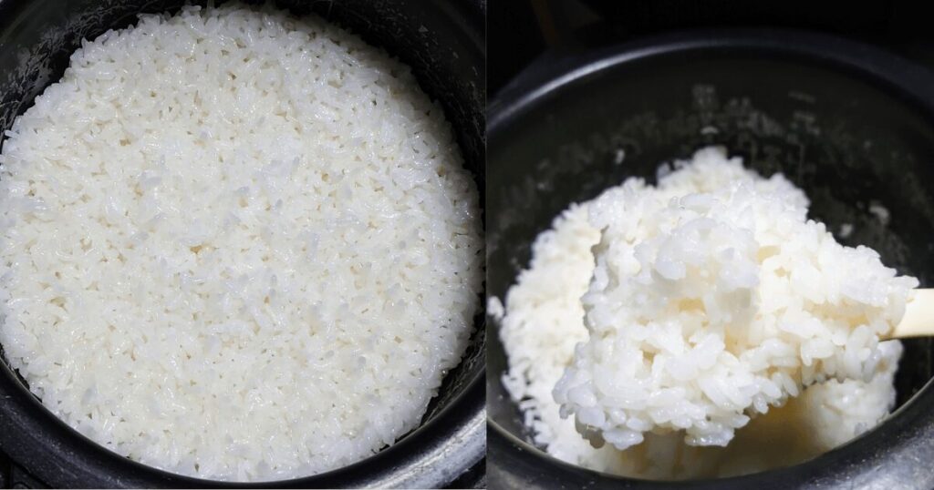 サツドラ北海道のお米を炊飯した直後の、ツヤと粒立ちがあるふっくらしたご飯