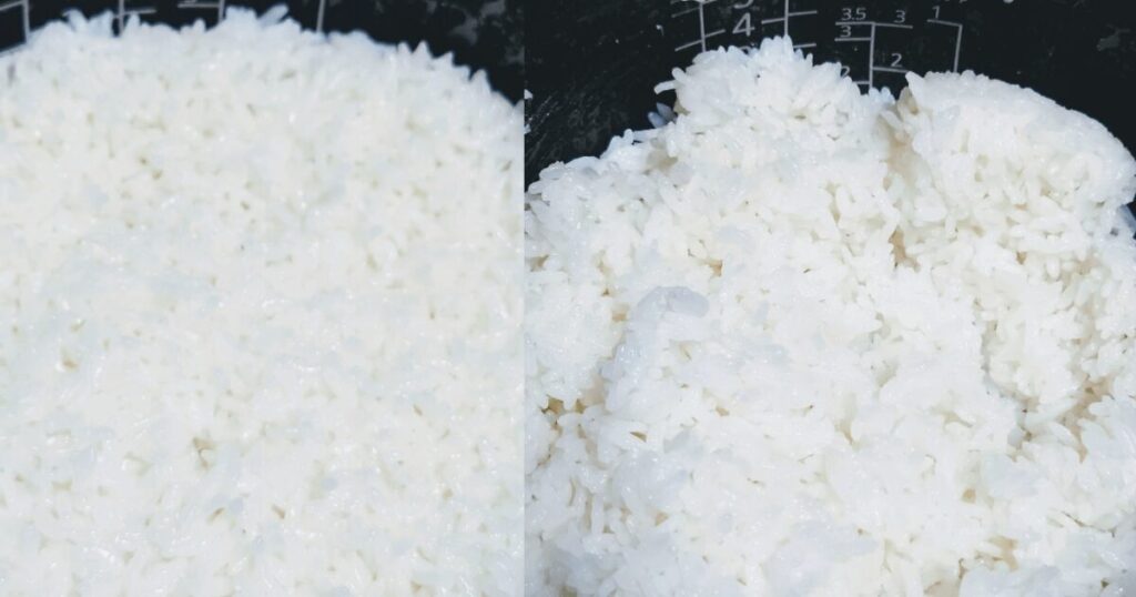 炊飯器で炊いた青天の霹靂を、炊き上がり直後としゃもじでほぐした状態で比較した写真
