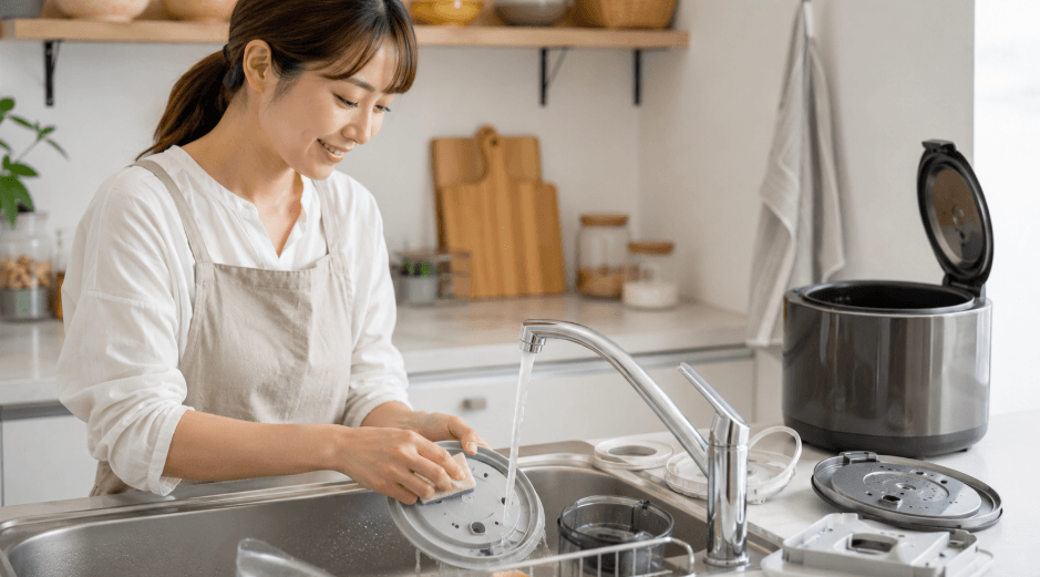 蒸気レス炊飯器の内ぶたや給水タンクなどの部品をキッチンで洗う日本人女性