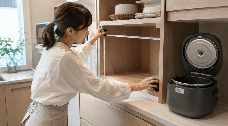 蒸気レス炊飯器を置く棚の幅と高さをメジャーで測る日本人女性