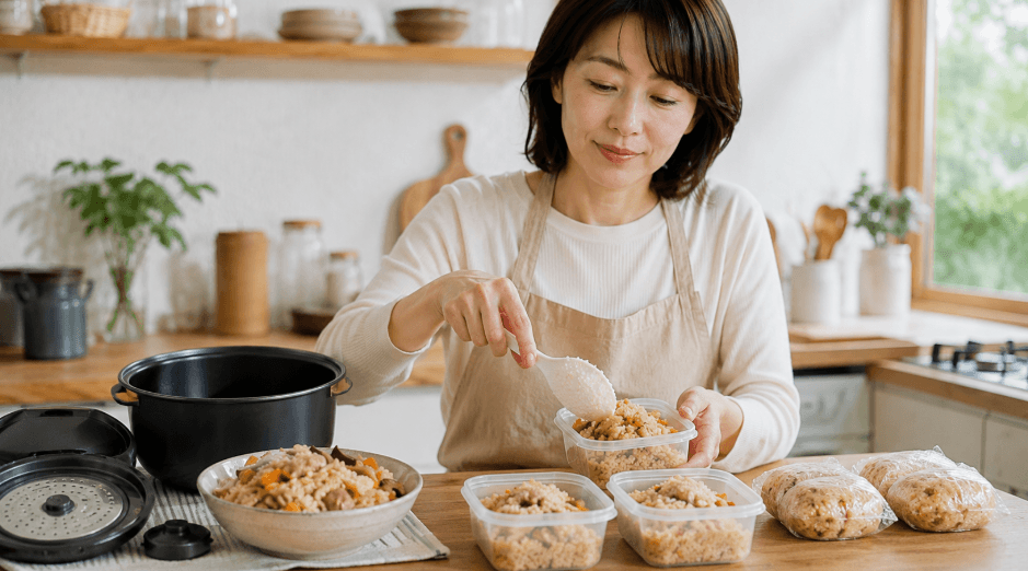 炊き込みご飯を保存容器に小分けして冷凍準備する女性