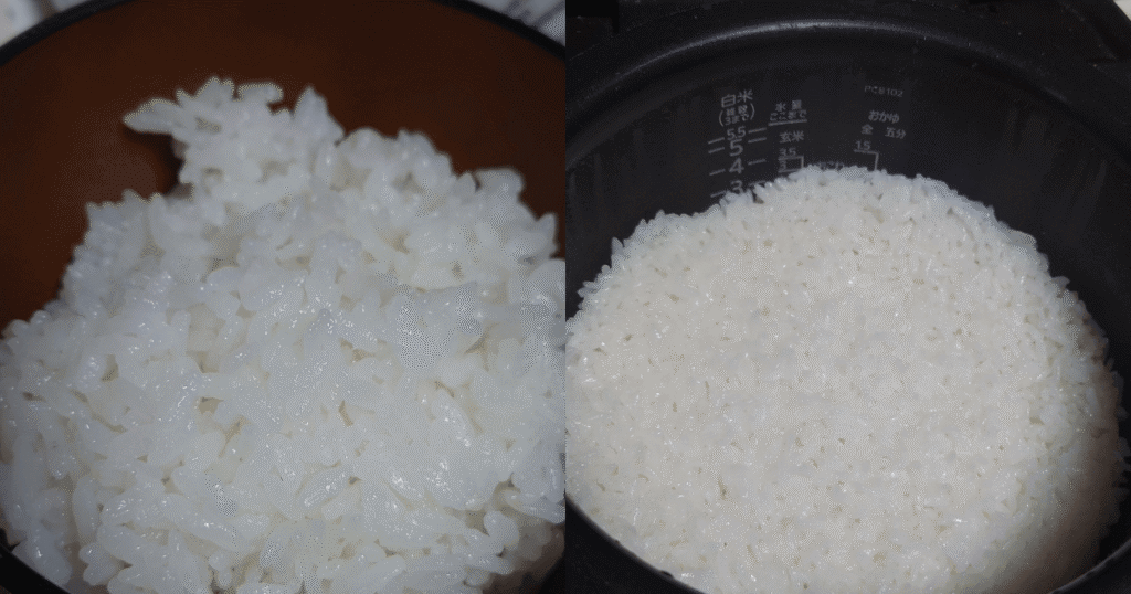 炊き上がったあきたこまちのツヤや粒立ちと炊飯器の中のご飯