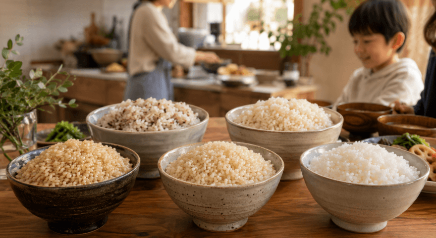 玄米や分づき米、白米を食卓に並べて食べ比べるイメージ