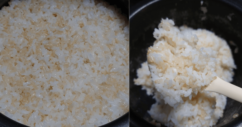 炊飯器で炊いた玄米入りご飯としゃもじですくった炊き上がり