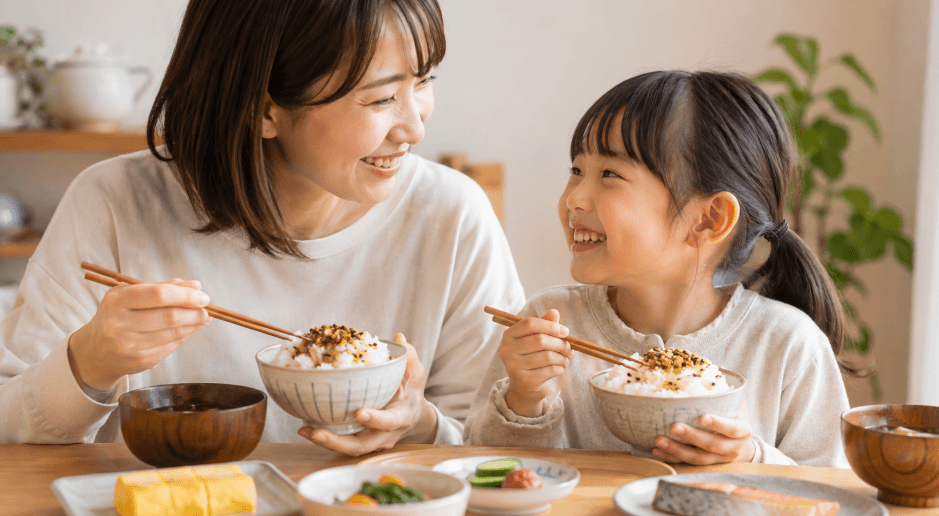 納豆ふりかけをかけたご飯を朝食に食べる日本人の親子