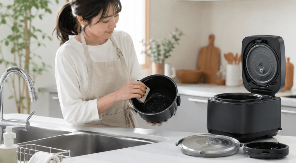 炊飯器の内釜と内ぶたを洗う女性と日立ふっくら御膳のお手入れイメージ