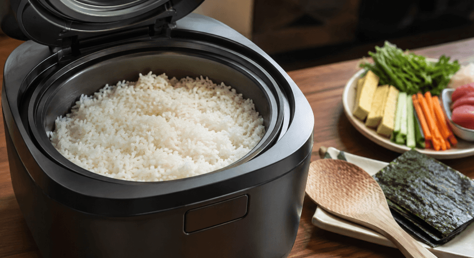 日立ふっくら御膳のすしめしコースをイメージした炊きたてご飯と手巻きずしの具材