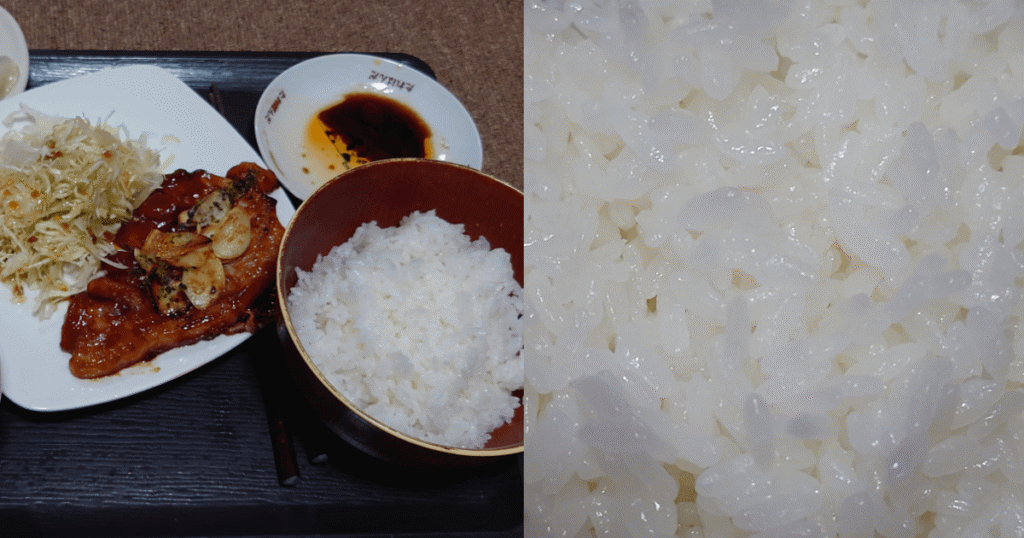 北海道産ななつぼしの白ごはんをおかずと盛り付けた食卓と炊飯後の米粒
