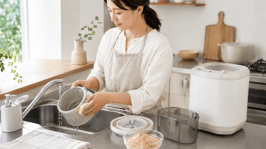 家庭用精米機の取り外した部品を洗って手入れする女性