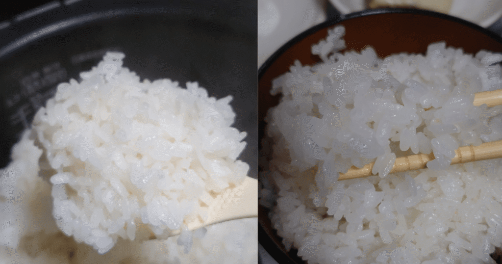しゃもじと箸で持ち上げたミルキークイーンの炊き上がり