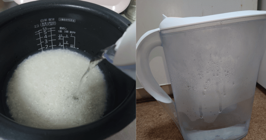 北海道産ななつぼしを炊飯器の内釜に入れて水を注ぐ様子と浄水ポット