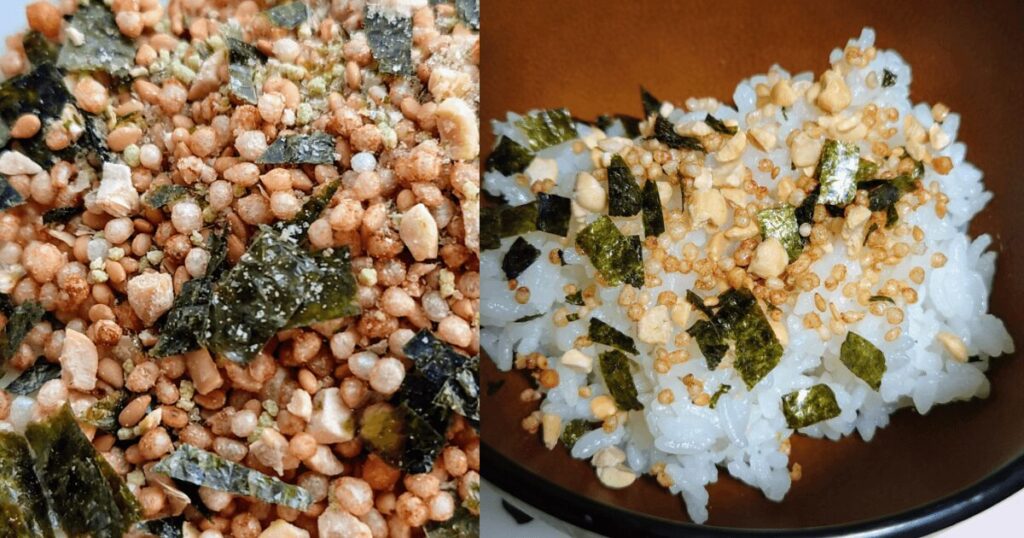 乾燥納豆やあられ、海苔が入った納豆ふりかけの中身とご飯にかけた様子