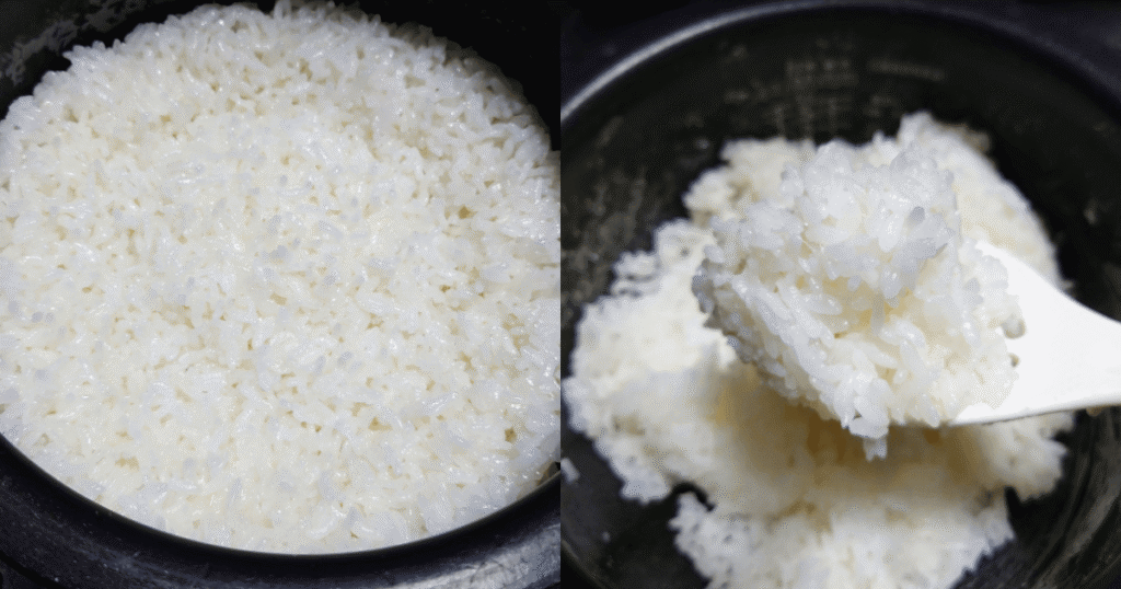 新潟県産新之助の炊き上がりとしゃもじですくったご飯