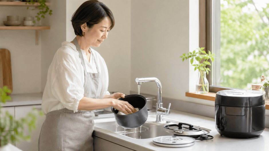 炊飯器の内釜と取り外した部品をキッチンで洗う日本人女性
