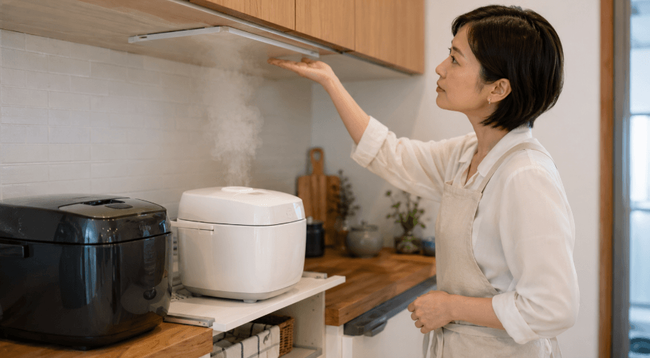 レンジボードに置いた炊飯器の蒸気と上部の設置スペースを確認する日本人女性