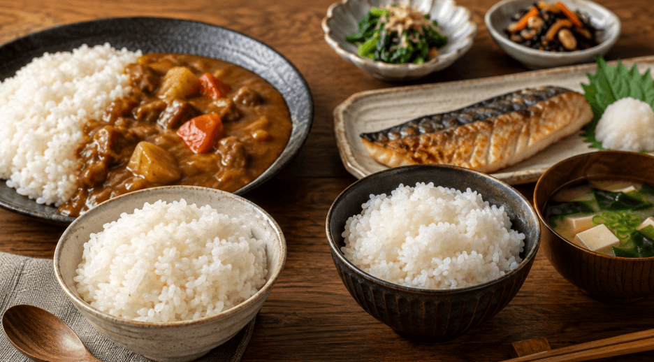 粒立ちのあるごはんとカレー、もちもちごはんと焼き魚を並べた料理別の食感比較