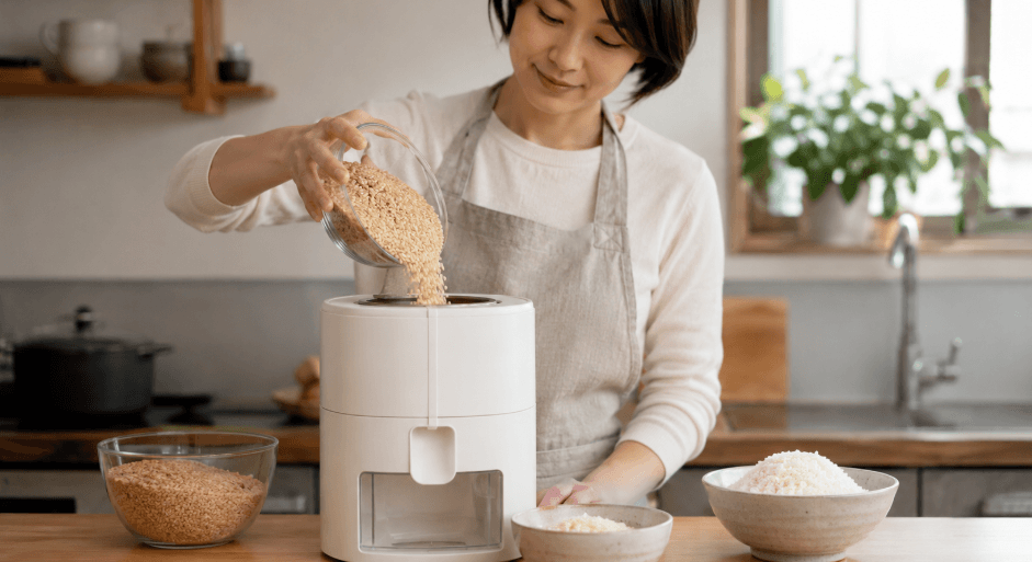玄米を家庭用精米機に入れて食べる分だけ自宅精米する女性