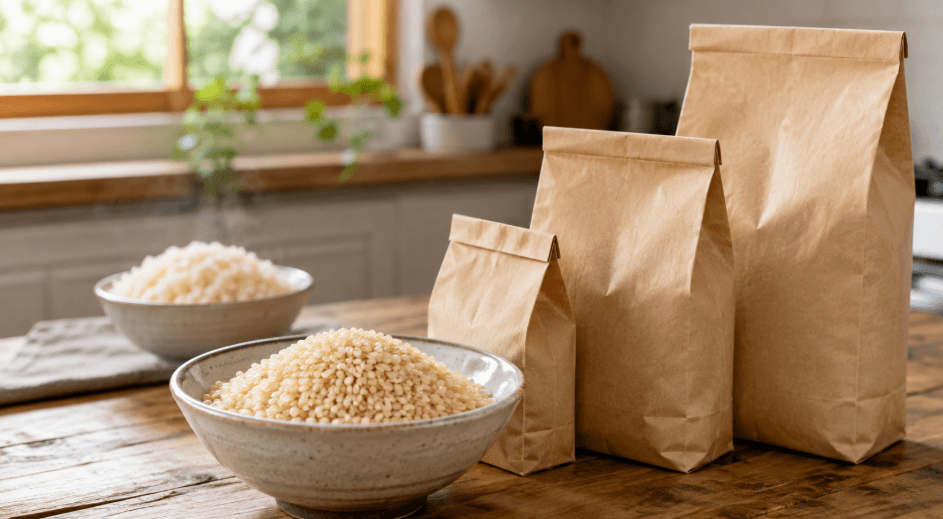 新之助玄米の5kg・10kg・30kgなど容量選びをイメージした玄米と米袋