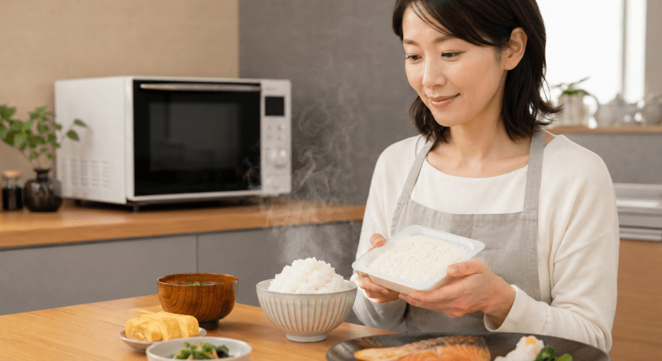 電子レンジで温めた新之助パックご飯を食卓に用意するイメージ