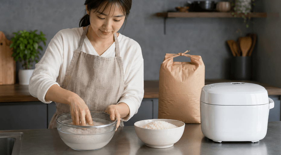 新之助の精米を研いで炊飯の準備をする女性