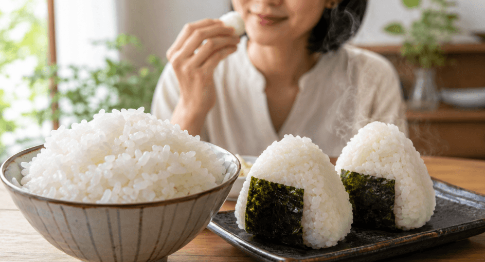 大粒の白ご飯と海苔を巻いたおにぎりを楽しむ新之助の食事イメージ