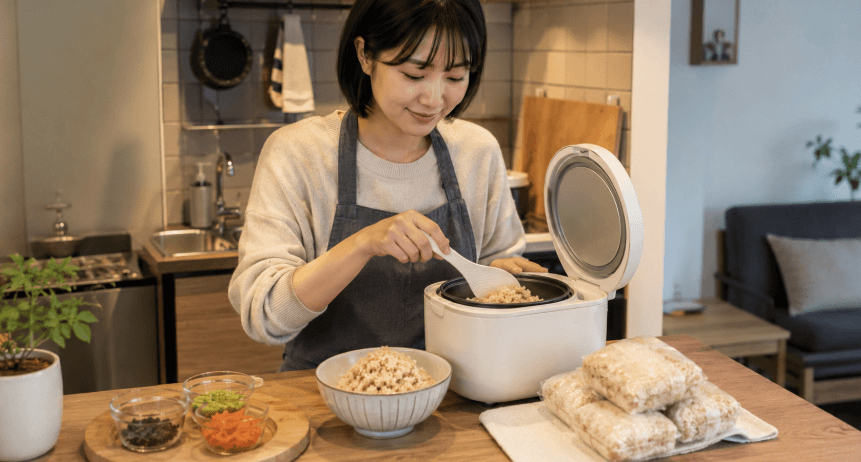 一人暮らし向け小型炊飯器で玄米を炊く日本人女性