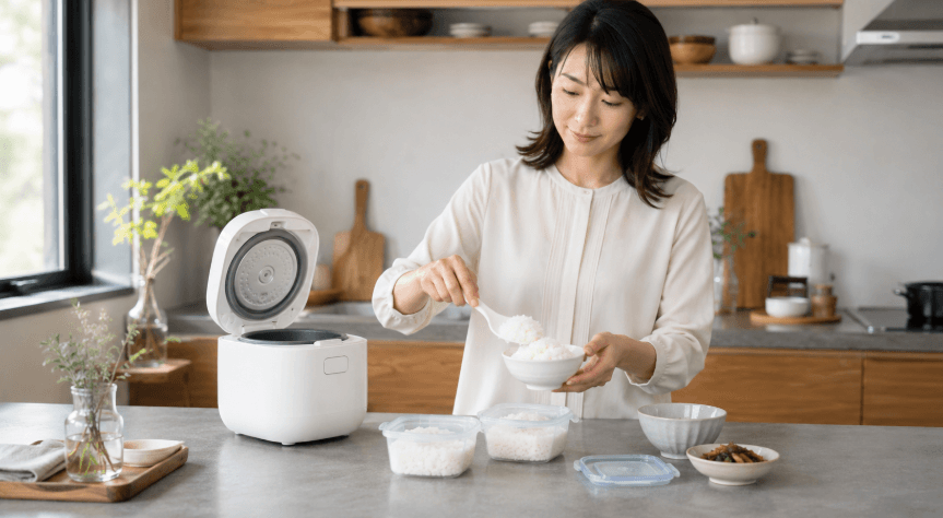 3合炊飯器で炊いたご飯を小分けして冷凍保存する女性