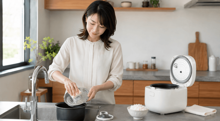 炊飯器の内ぶたと内釜を洗ってお手入れする女性