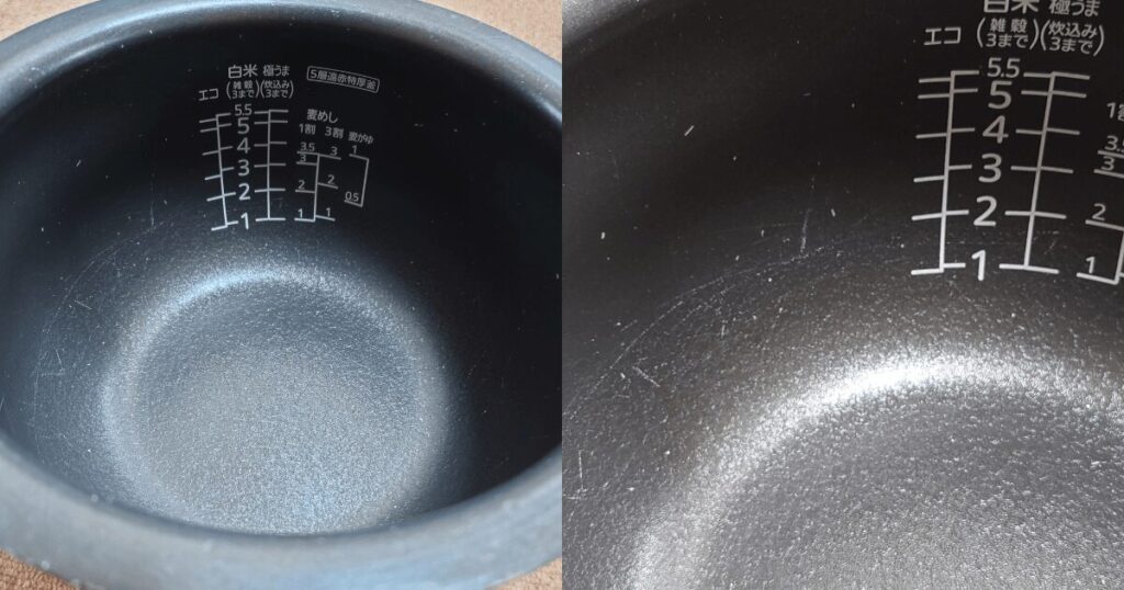 タイガー炊飯器の内釜全体と内側に付いた細かな傷の状態