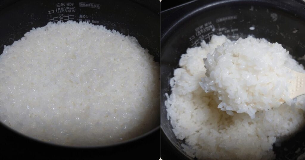 タイガー炊飯器の極うまモードで炊いた白米としゃもじですくったご飯