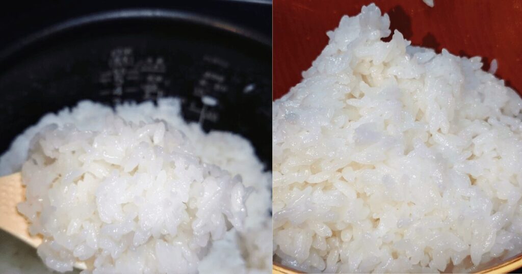 炊き上がったつや姫をしゃもじですくい茶碗に盛り付けた様子