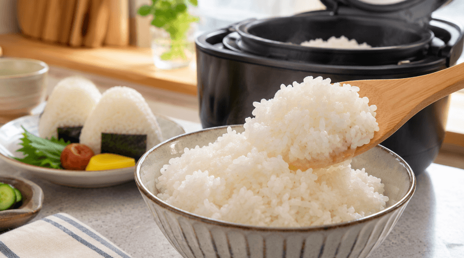 ツヤと粒立ちのよい炊き上がったつや姫とおにぎり
