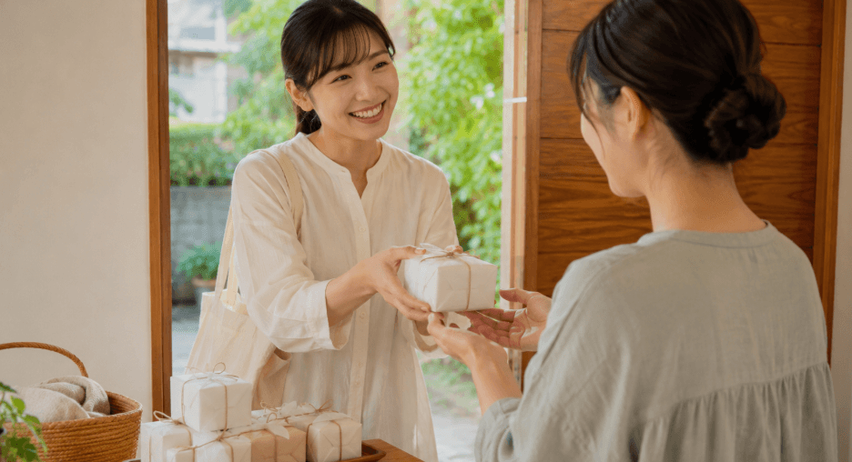 小分けのつや姫キューブ米をプチギフトとして手渡す女性