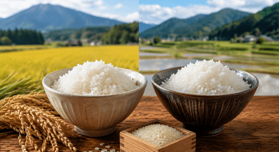宮城県産と山形県産つや姫の違いをイメージした2つの白ご飯と田園風景