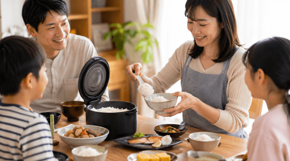 炊飯器から炊きたてのつや姫無洗米を家族の茶碗によそう様子
